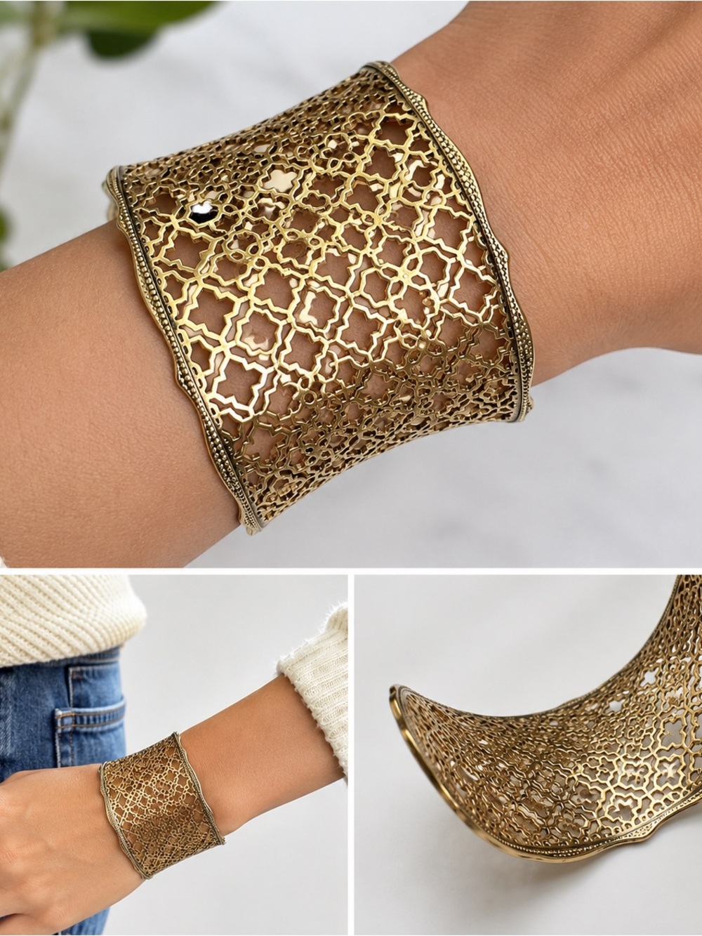 Kendra Scott Gold Filigree Wide Cuff Statement Bracelet adjustable